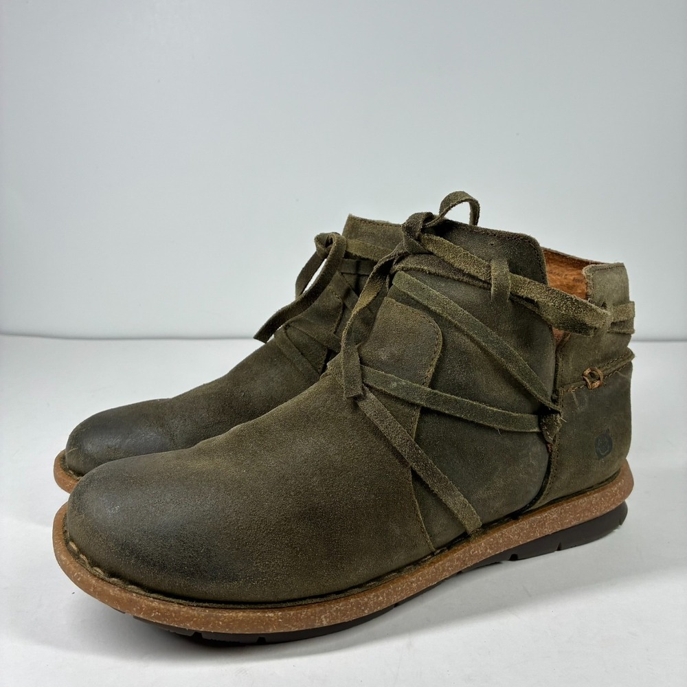 Born Tarkiln Women's 9 Olive Suede Lace-Wrap Side-Zip Ankle Boots Booties F59129